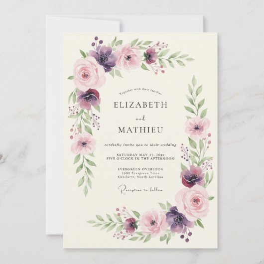 Pruim Roze Botanische Romantische Bruiloft Kaart (Voorkant)