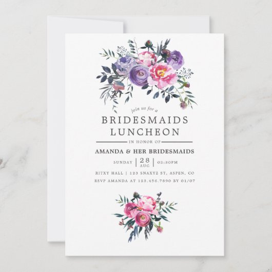 Pruim & Roze Waterverf Bloemen Bruidsmeisjes Lunch Kaart (Voorkant)