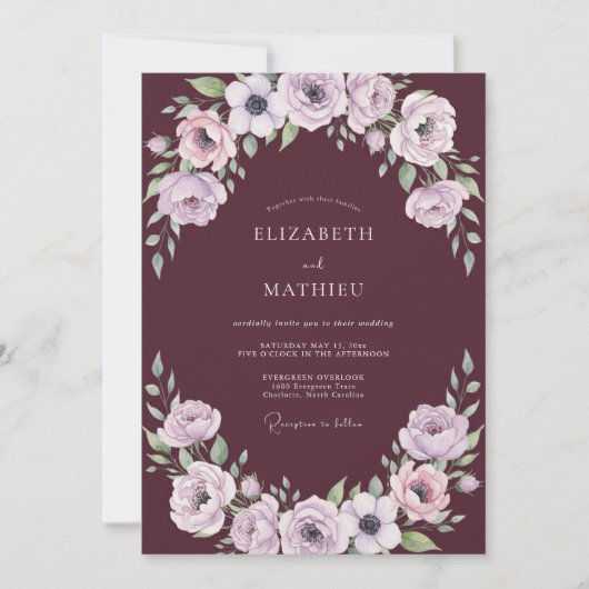 Pruim Sering Ranunculus Eucalyptus Bruiloft Kaart (Voorkant)