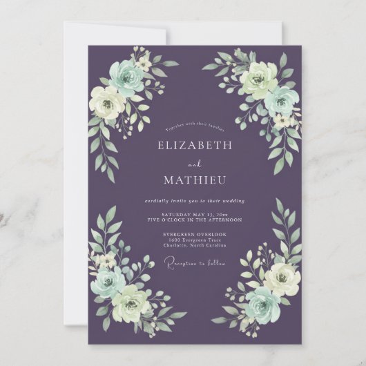Pruim Stof Blauw Ranunculus Eucalyptus Bruiloft Kaart (Voorkant)