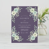 Pruim Stof Blauw Ranunculus Eucalyptus Bruiloft Kaart (Staand voorkant)