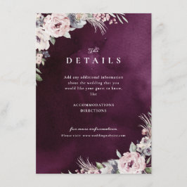 Pruim & stoffig roze bloemige boho bruiloftdetails informatiekaartje