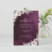 Pruim & stoffig roze bloemige boho-huwelijksdetail informatiekaartje (Staand voorkant)