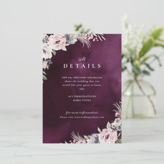 Pruim & stoffige roze bloemenboho bruiloft details informatiekaartje (Staand voorkant)