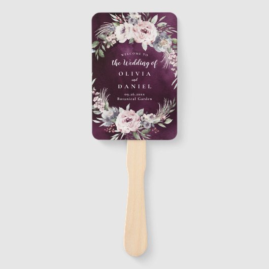 Pruim & stoffige roze boho bloemenbruiloft program handwaaier (Voorkant)
