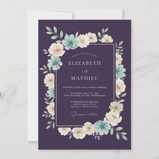 Pruim Teal Botanische Romantische Bruiloft Kaart (Voorkant)