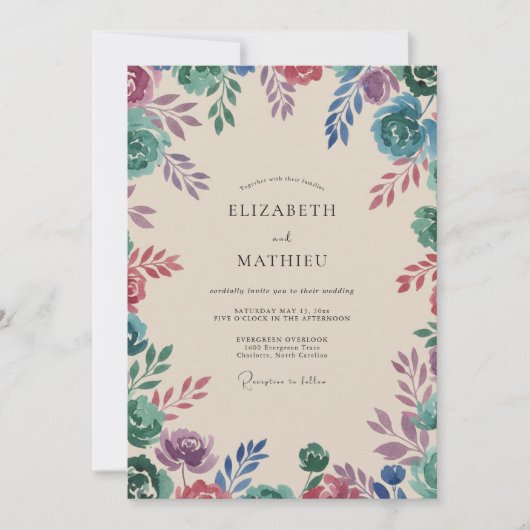 Pruim Teal Wilde Bloemen Bruiloft Kaart (Voorkant)
