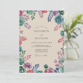 Pruim Teal Wilde Bloemen Bruiloft Kaart (Staand voorkant)