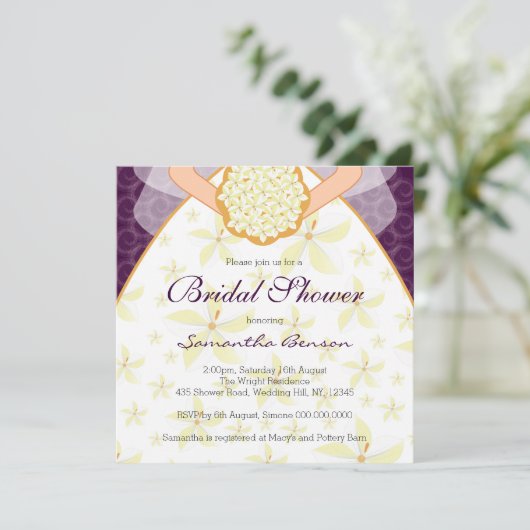 Pruim trouwjurk aangepaste bruids douche uitnodigi kaart (Staand voorkant)