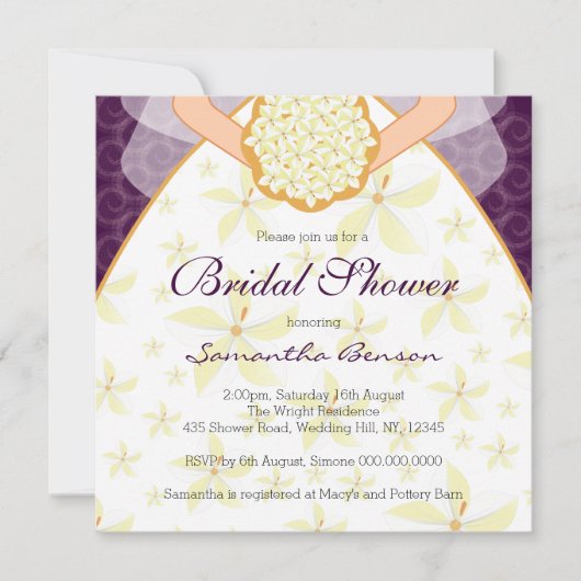 Pruim trouwjurk aangepaste bruids douche uitnodigi kaart (Voorkant)