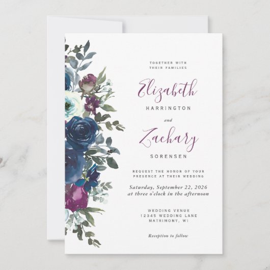 Pruim Waterverf Bloemendecor Navy Blauwe QR Code T Kaart (Voorkant)