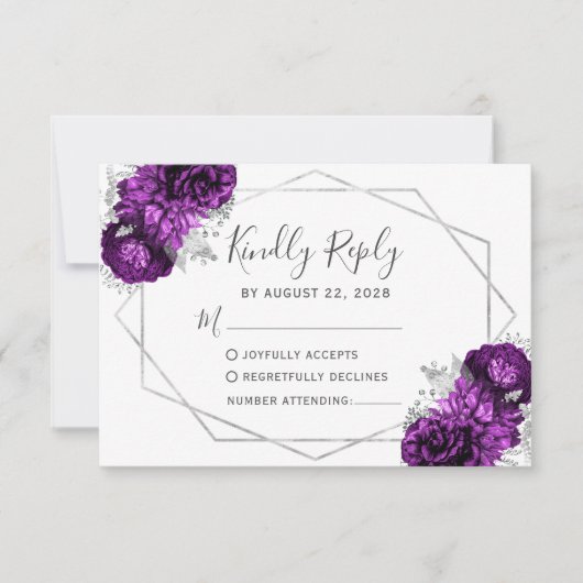 Pruim zilver bloemen geometrisch wit RSVP kaartje (Voorkant)