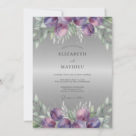 Pruim Zilver Ranunculus Eucalyptus Bruiloft Kaart (Voorkant)