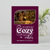 Pruim & Zilver Sfeervolle Retro Kerst Foto Folie Feestdagenkaart (Staand Voorkant)