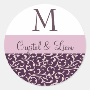 PRUIMEN en LILA ROZE Damast Bruiloft Monogram Ronde Sticker