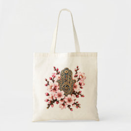 Pruimenbloesem Hamsa Hand Evil Eye Bloemboeket Tote Bag