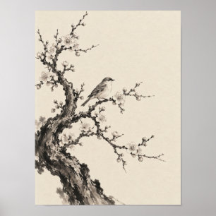 Pruimenbloesems en Vogel Japanse Sumi-e Inkt Kunst Poster