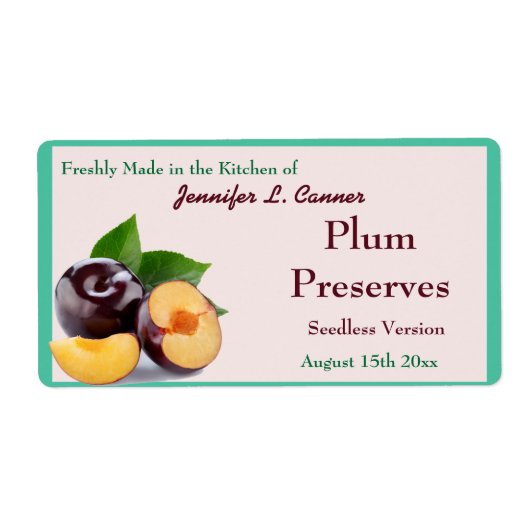 Pruimenjam of bewaart fruitingeblikt pot etiket (Voorkant)