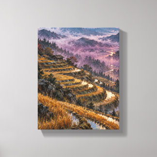 Pruimenmist over amber rijstterrassen canvas afdruk
