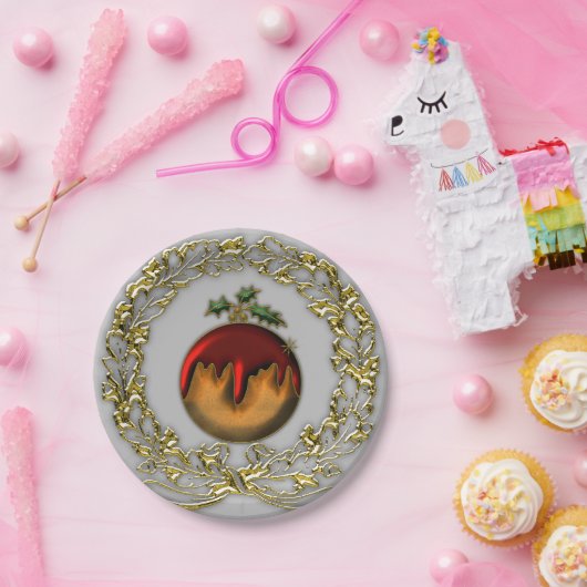 Pruimenpudding en gouden krans Kerstmis Papieren Bordje (Feest)