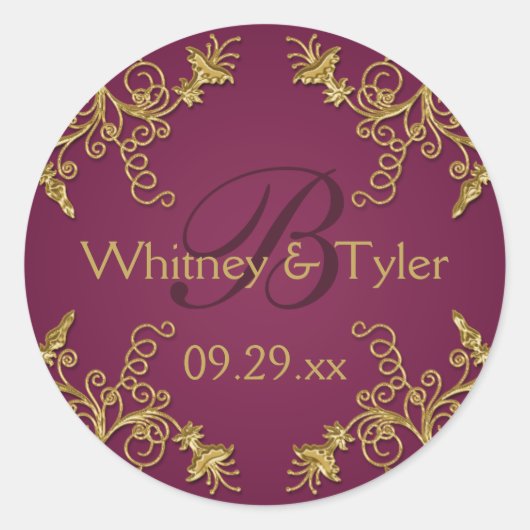 Pruimenwijn en gouden bloemdamast 1,5" Sticker (Voorkant)