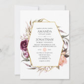 Pruimfluweel en blozende roze bloemige trouwdag kaart (Voorkant)