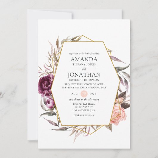 Pruimfluweel en blozende roze bloemige trouwdag kaart (Voorkant)