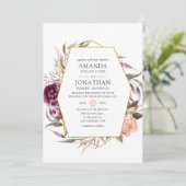 Pruimfluweel en blozende roze bloemige trouwdag kaart (Staand voorkant)