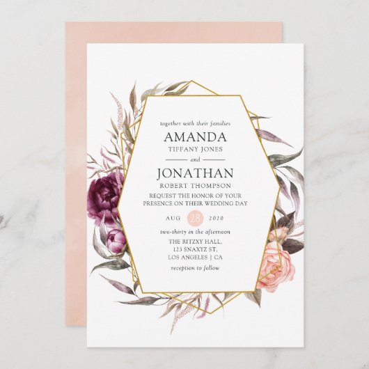 Pruimfluweel en blozende roze bloemige trouwdag kaart (Voorkant / Achterkant)