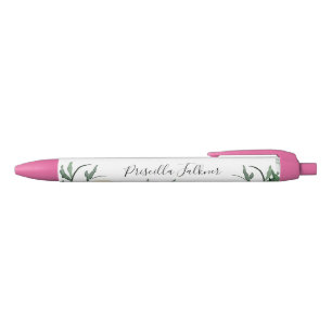 Pruimwaterverf Bloemen met Monogramnaam Zwarte Inkt Pen