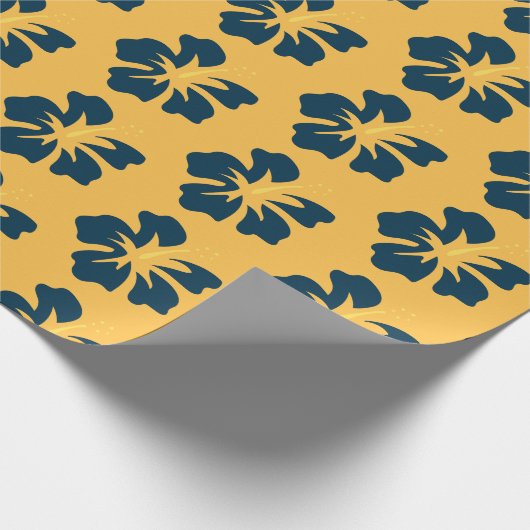 Pruisblauw op Gele Hibiscus Cadeaupapier (Hoek)