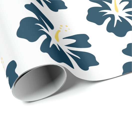 Pruisblauw op witte hibiscus cadeaupapier (Rol Hoek)