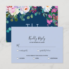 Pruisisch + Blauwgroen Waterverf Bloem-RSVP Kaart