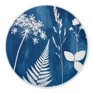 Pruisisch Indigo Blauw Cyanotype Varens Botanische Keramische Knop
