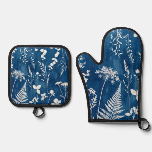 Pruisisch Indigo Blauw Cyanotype Varens Botanische Ovenwant & Pannenlap Set