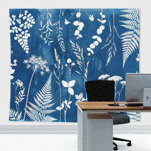 Pruisisch Indigo Blauw Cyanotype Varens Botanische Wandkleed