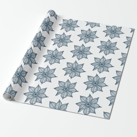 Pruistisch blauw op witte ketchy Flowers Cadeaupapier (Uitgerold)