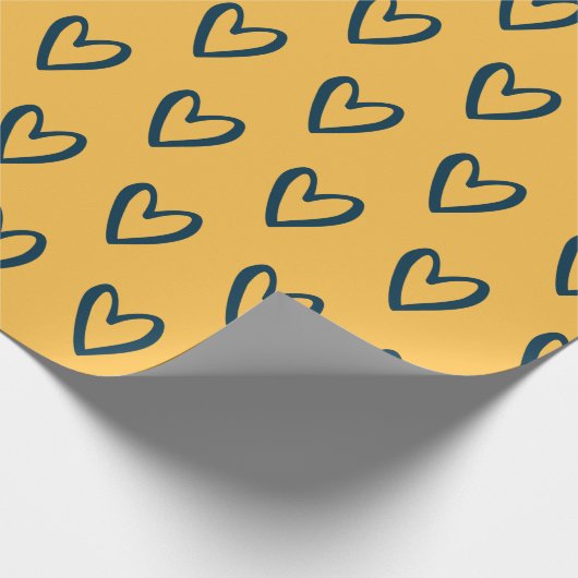 Prussiaans blauw op gele handgetekende harten cadeaupapier (Hoek)