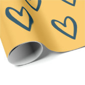 Prussiaans blauw op gele handgetekende harten cadeaupapier (Rol Hoek)