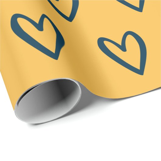 Prussiaans blauw op gele handgetekende harten cadeaupapier (Rol Hoek)