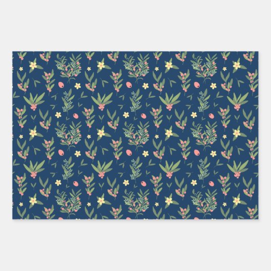 Prussian Blue, Green & Salmon Olive Branch Pattern Inpakpapier Vel (Voorkant 2)