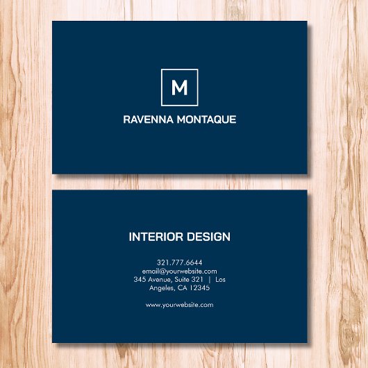 Prussian Blue Modern Elegant Simple Monogram Name Visitekaartje