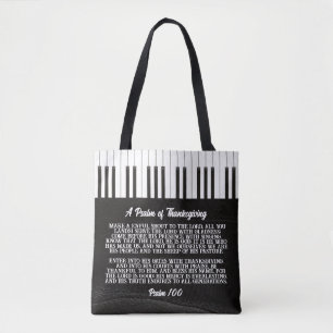 Psalm 100 met Afbeelding van Piano Key - zwart en  Tote Bag