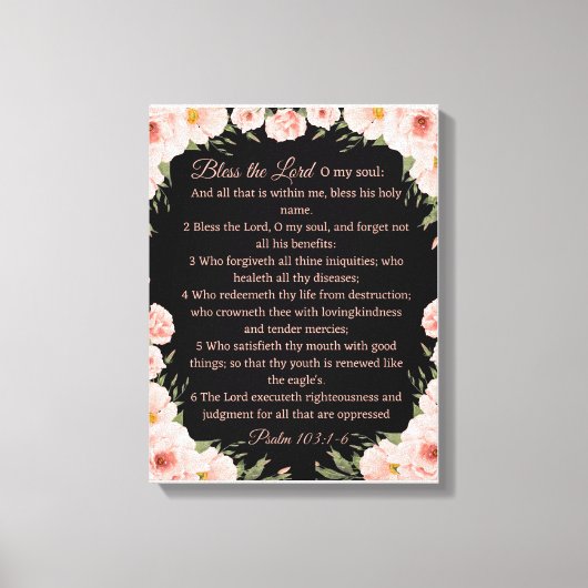 Psalm 103:1-6 Wall Art Canvas - Zwart Bloemen Prin (Voorkant)