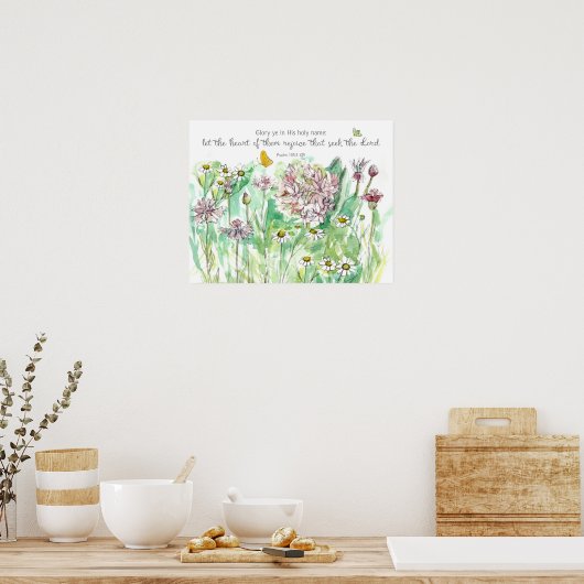 Psalm 105 Scripture Pink Flowers Christian Art Poster (Keuken)