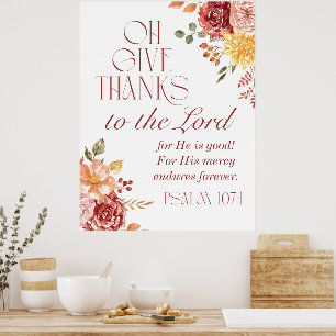 Psalm 107:1 Geef Bedankt aan de Here Floral Herfst Poster