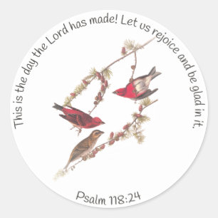 Psalm 118:24 en drie rode vogels ronde sticker