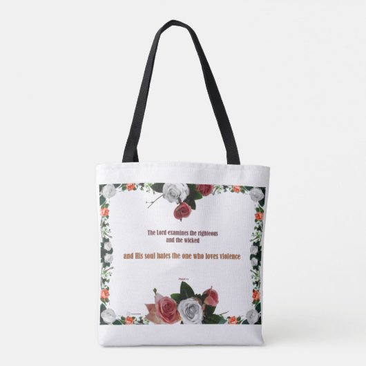Psalm 11:5, geen geweld tote bag (Achterkant)