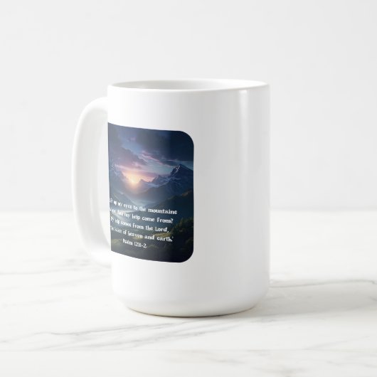 Psalm 121:1-2 mountain sunrise Christian Faith Koffiemok (Voorkant links)