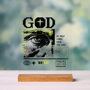 Psalm 121:2 Neon Lime Oog van God CRT Glitch Kunst Acryl Bord